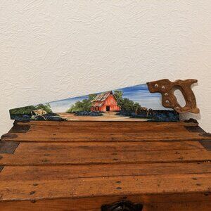 Vintage Handsaw Painted with Bluebonnets & Barn Scene, Texas Artwork Home Decor